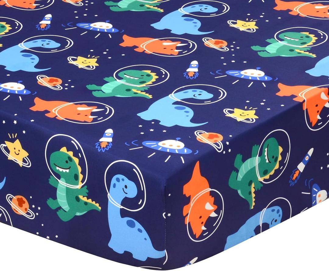 JISEN Baby Crib Sheets Soft Breathable Space Dinosaurs Fitted Crib Sheets for Standard Crib and Toddler Mattress Baby Bed Sheets for Boys Girls Neutral 52x28 Inch