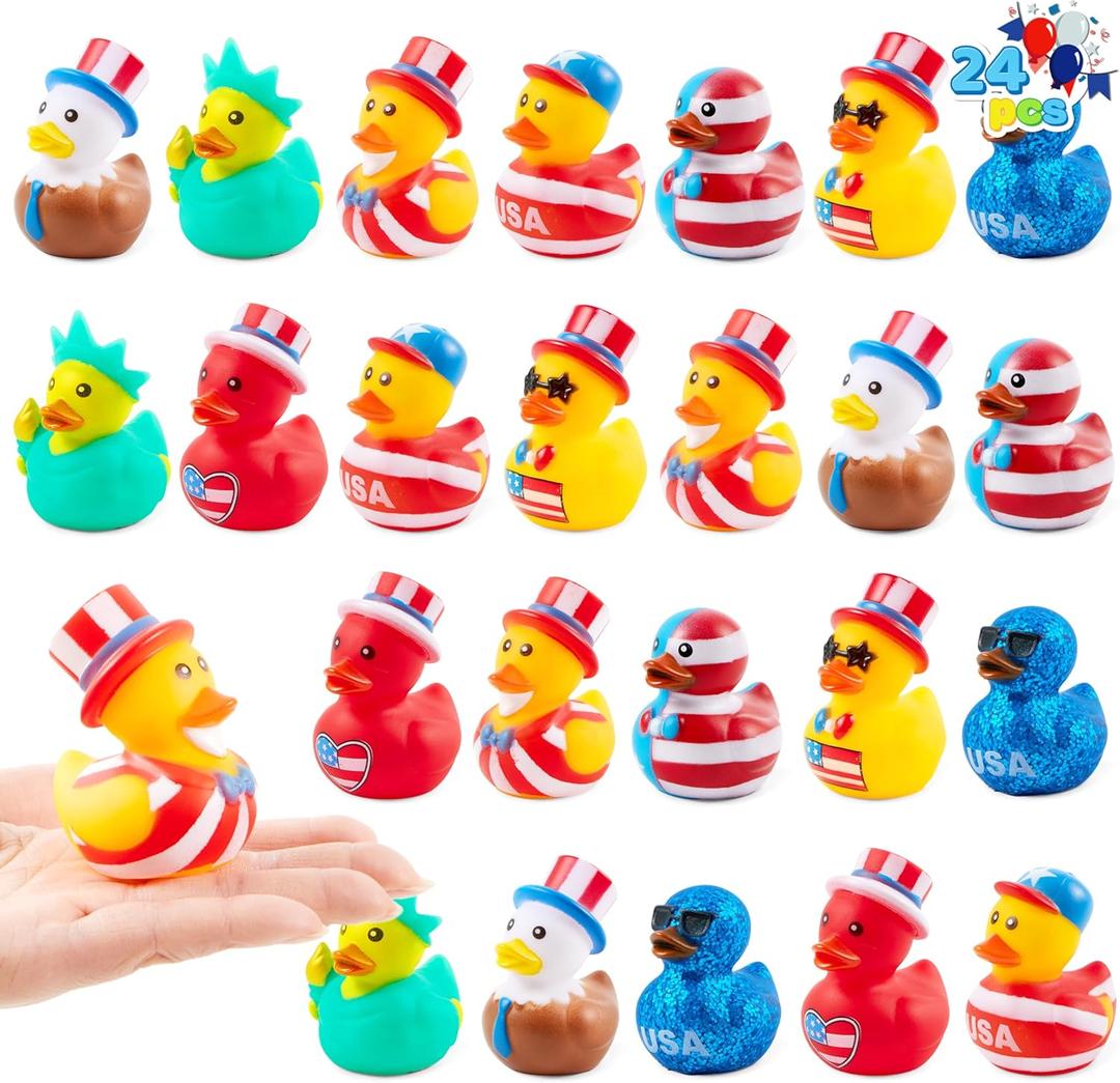 JOYIN 16 Pcs Patriotic Rubber Ducks, 2.6" Red White Blue 4th of July Bulk Ducks with 8 Designs, Independence Day Duck with Flag Prints, Patriotic Party Favor Gift Bath Toy Supply for Kids Toddlers