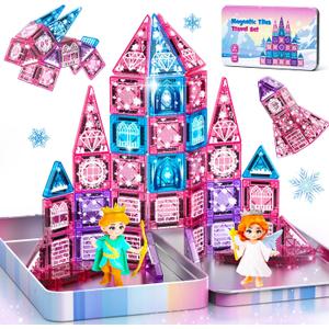 Magnetic Tiles Princess Toys, Princess Castle Travel Magnetic Blocks with Metal Box & 2 Dolls, Mini Magnet Tiles for Girls Pretend Play, Magnet STEM Sensory Gifts for Toddlers 3-5 4-8 8-12 Years Old