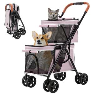 Double Pet Stroller for 2 Dogs & Cats, Double-Decker, Pink, 30.7"L x 18.1"W x 39"H