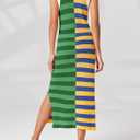 Wenrine Womens Summer Striped Dress Sleeveless Knitted Contrast Color Side Slit Casual Maxi Beach Dress (Small, Green)