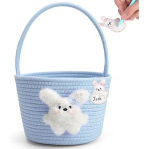 Pink Easter Basket for Kids, Reusable Woven Basket with Handle, Bunny Easter Gift Bag for Girls & Toddlers, Egg Hunt Bag (blue)