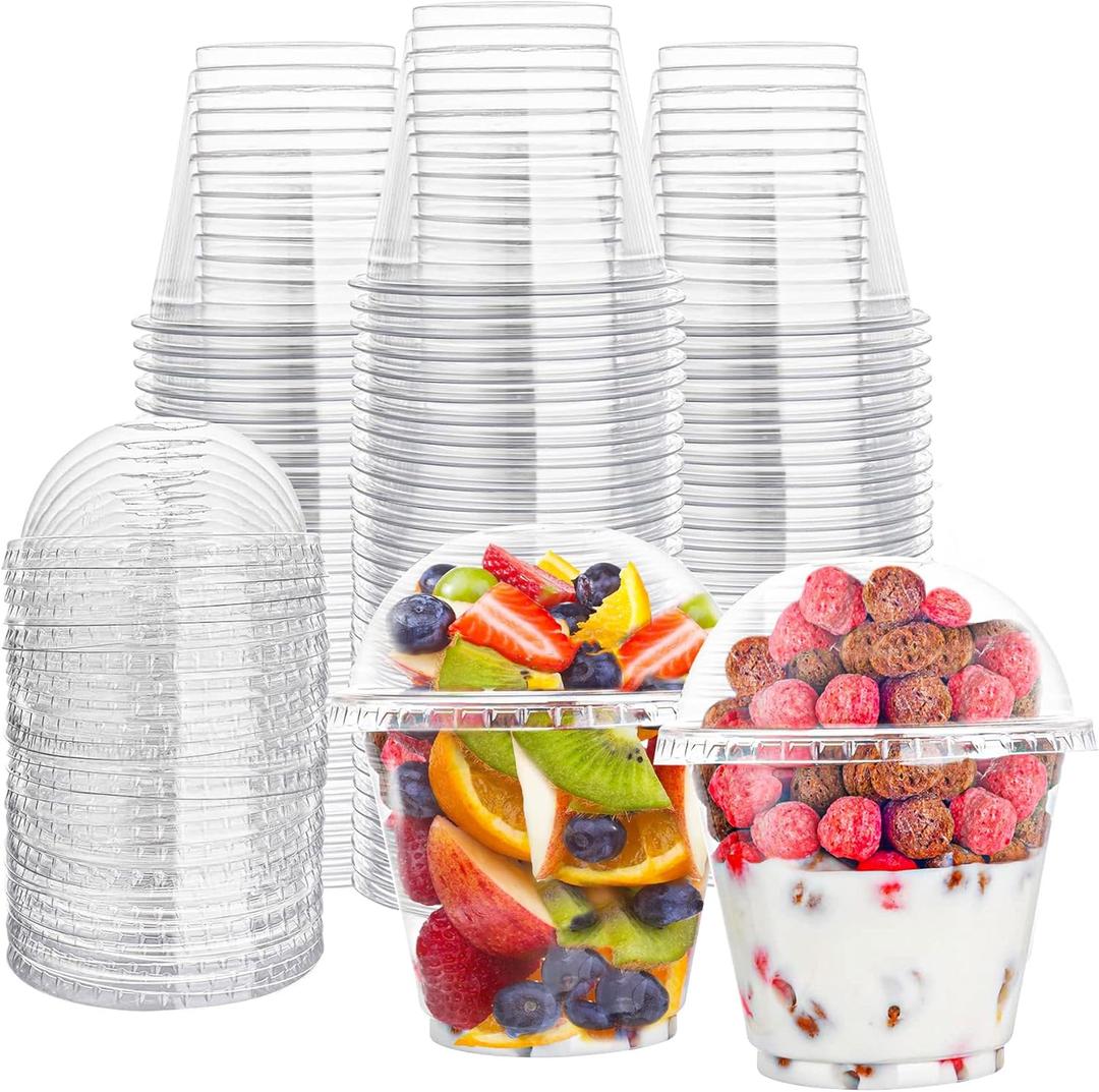Lullaby 200Pack 9oz Clear Plastic Cups with Dome Lids, Dessert Cups with Lids, Disposable Parfait Cups, Party Cups Cupcake for Parties and Daily Use