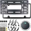 Front License Plate Bracket Holder Mounting Kit- Black Aluminum Frame & Plastic Bumper Car Tag Adapter with Copper Thread, with Screws Caps and Stainless Steel Zip Ties