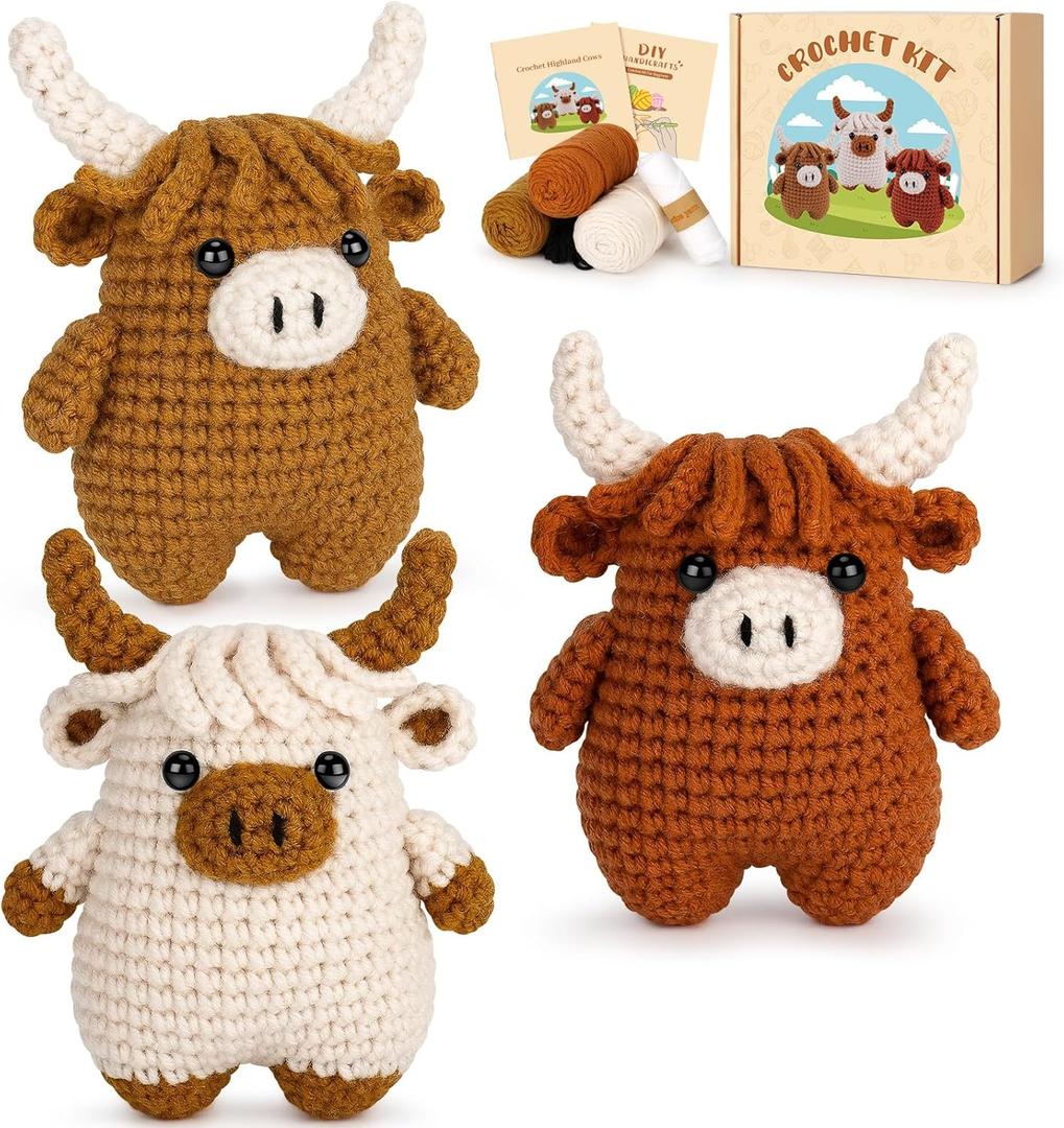 Fortuning's JDS Crochet Kit for Beginners - Crochet Highland Cow Beginner Crochet Kit for Adults, Complete Scottish Cow Crochet Animal Kits, Easy Crocheting Knitting Starter Kits Gifts, Brown Highland Cow