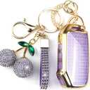 Sparkly Key Fob Cover with Cherry Keychain, Bling TPU Smart Key Case for Women, Compatible with Kia Cadenza Forte K5 NIRO Rio Seltos Sorento Soul Telluride (5-Button, Gold Purple)