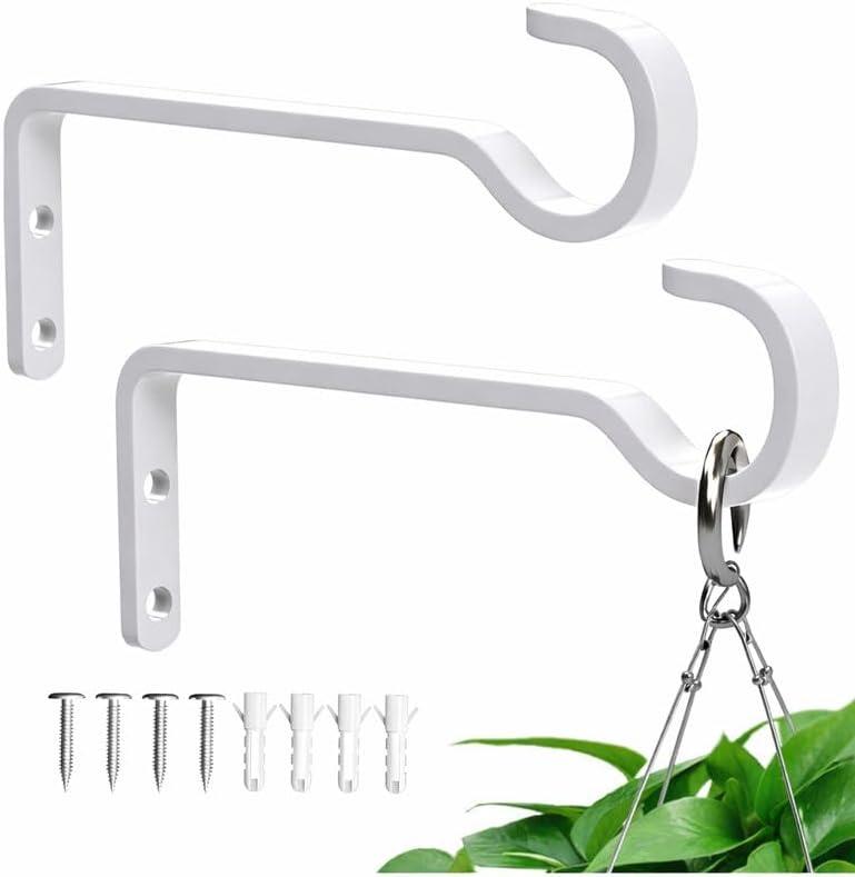 saffruff 6 Inch 2 Pack Heavy Duty Outdoor Plant Hangers for Hanging Baskets, Iron Hanging Plant Brackets, Metal Plant Wall Hooks for Lantern, Bird Feeder, Windchime, White