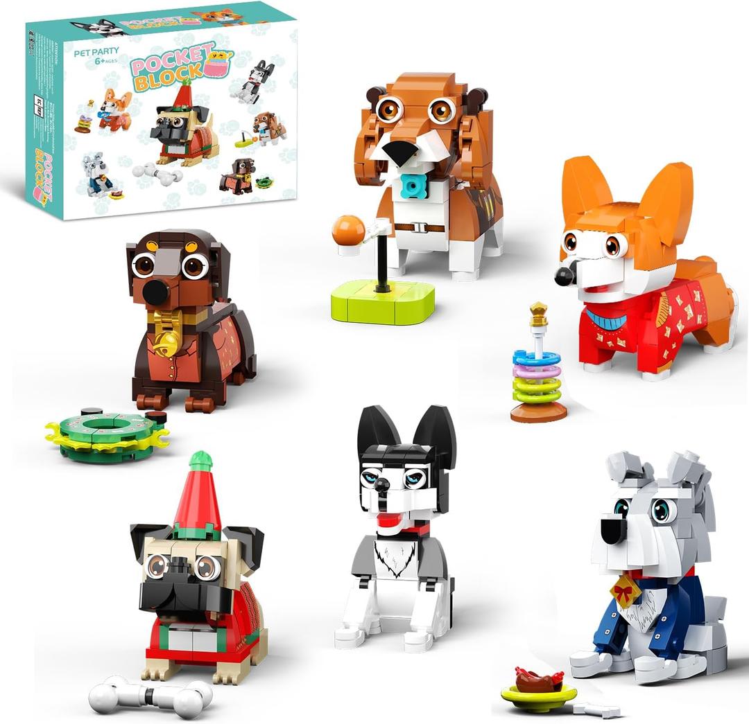 6pack Party Favors Mini Dogs Building- Compatible with Lego Set for Boys 8-14, Adorable Animals Building Sets, Party Favors Birthday Gift for Kids 8-12 (754PCS)