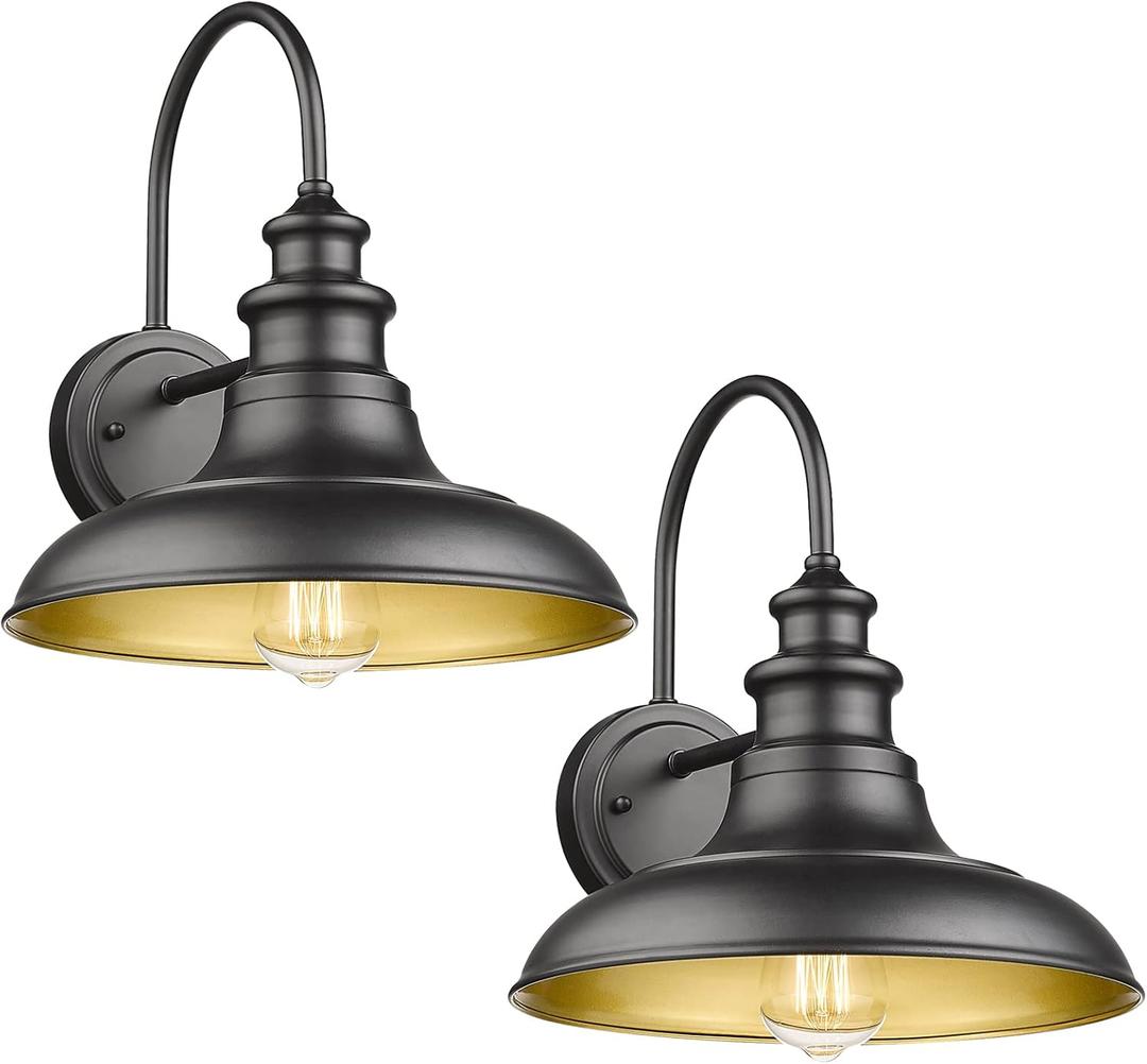 Outdoor Barn Light Fixture, 12.3 Inch Large Dome Farmhouse Wall Mount Light Wall Sconce Exterior Wall Lighting Fixture Industrial Black Finish Lantern with Gold Interior for Porch Garage Patio, 2 Pack 