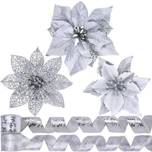 Winlyn 26 Set 3 Style Christmas Silver Glitter Poinsettia Flowers Picks Xmas Tree Ornaments and 12 Yards Decorative Silver Glittered Wired Ribbon for Silver Christmas Tree Wreath Garland Holiday Dcor