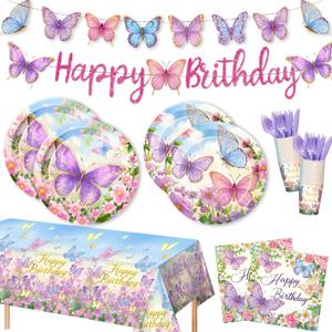Butterfly Birthday Decorations, Birthday Party Supplies Kits for 24 Guest, with Disposable Paper Plates, Napkins, Cups, Cutlery, Tablecloth, Banner, and Balloon, Butterfly Party Decoration
