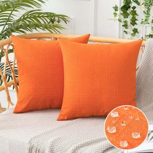 UGASA Fall Outdoor Throw Pillow Covers Pack of 2 Plaid Texture Waterproof Farmhouse Linen Decorative Square Cushion Pillows Covers for Patio Porch Outside Garden Bench 18x18 Inch, Orange