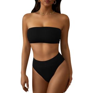 Pink Queen Women's Ribbed High Waisted Bikini Set Removable Strap Bandeau Swimsuit (L)