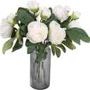 IPOPU Silk White Flowers Artificial Peonies 5PCS 10heads Vintage Fake Peonies Silk Peonies with Stems Real Look for Spring Decorations Floral Arrangements Home Table Centerpiece (White)