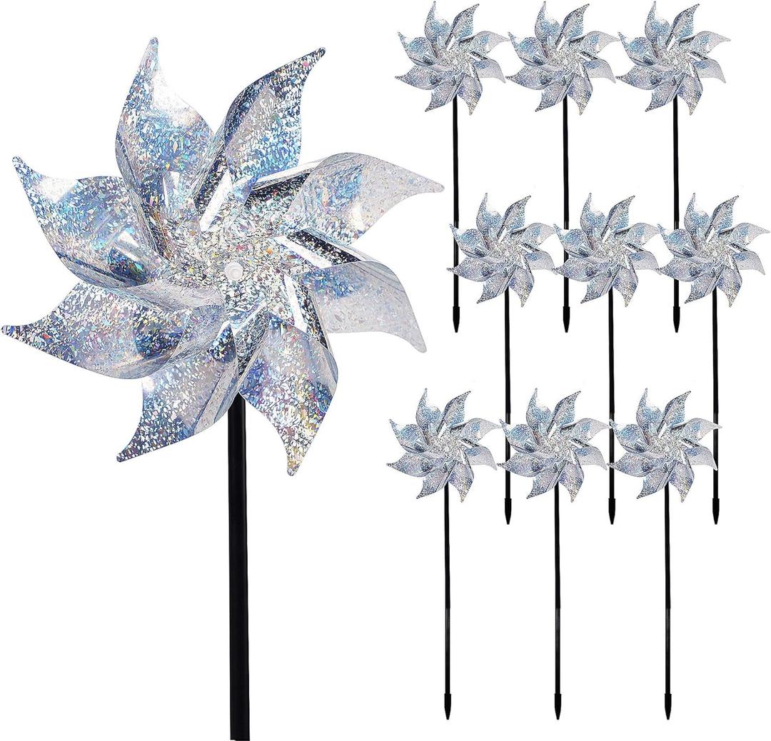 Hausse 10 Pack Reflective Pinwheels with Stakes (Assembly Required), Extra Sparkly Pin Wheel for Garden Decor, Bird Repellent Devices Deterrent to Scare Birds Away from Yard Patio Farm (Silver)