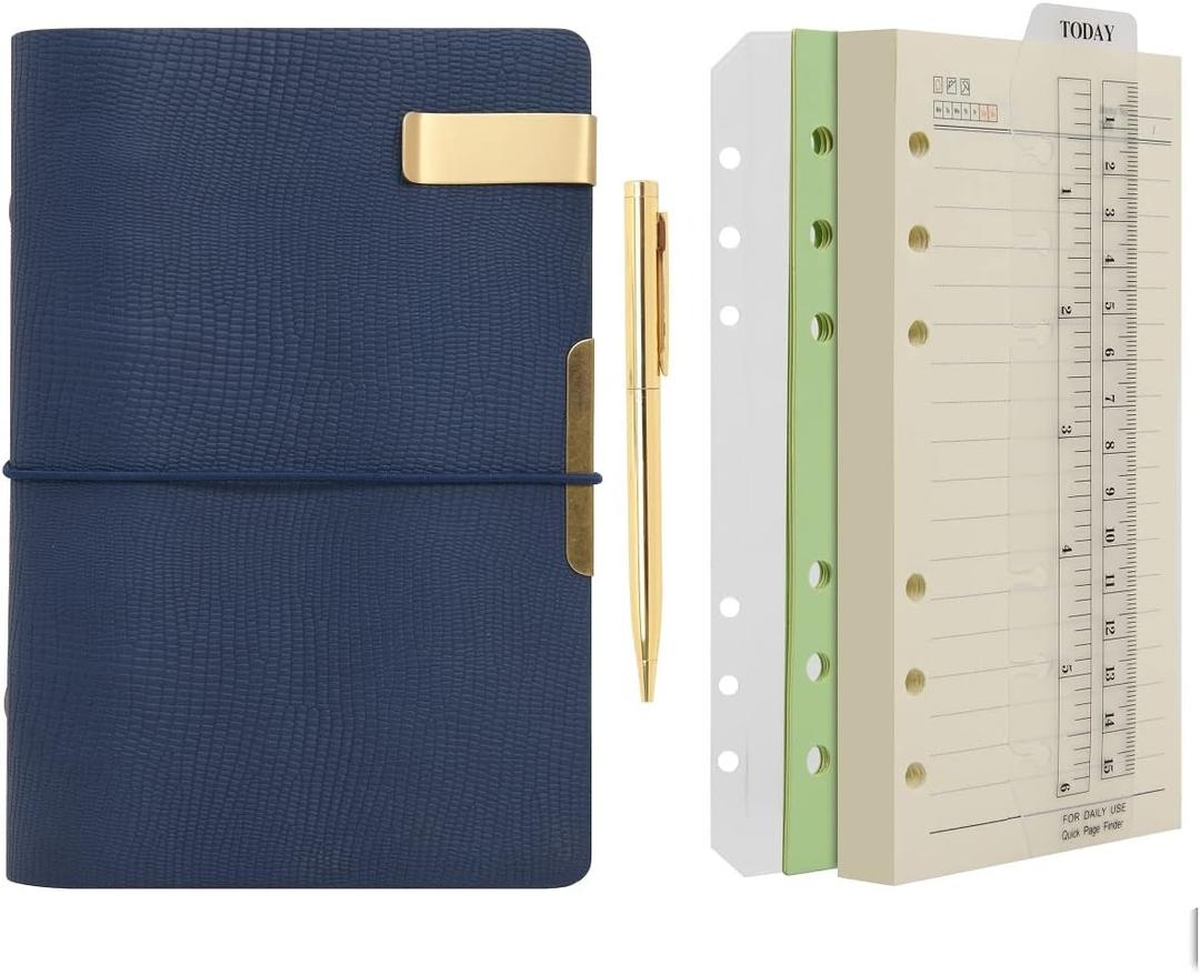 Wonderpool Leather Journal Lined Paper Notebook & Pen - Refillable 6 Ring Binder Writing Spiral Diary with Ruled Notepads Vintage Cover for Office Travel Work and Plan Agenda (A6, b-Blue)