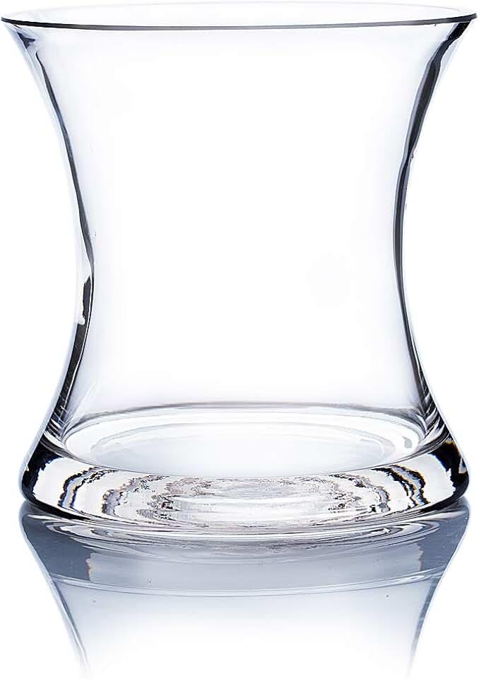 WGV Unique Bouquet Vase, 5.5" W, 6" H, Clear Short Hurricane Concaved Neiman Glass Floral Container, Home Wedding Event Decor, 1 Piece (VHV0606)