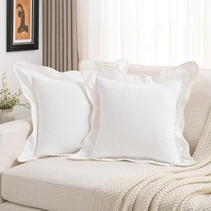 FUTEI Pack of 2 Solid Scalloped Bordered Throw Pillow Covers 22x22 Inch Soft Chenille Decorative Cushion Cases Farmhouse Accent for Couch Bed Living Room, White