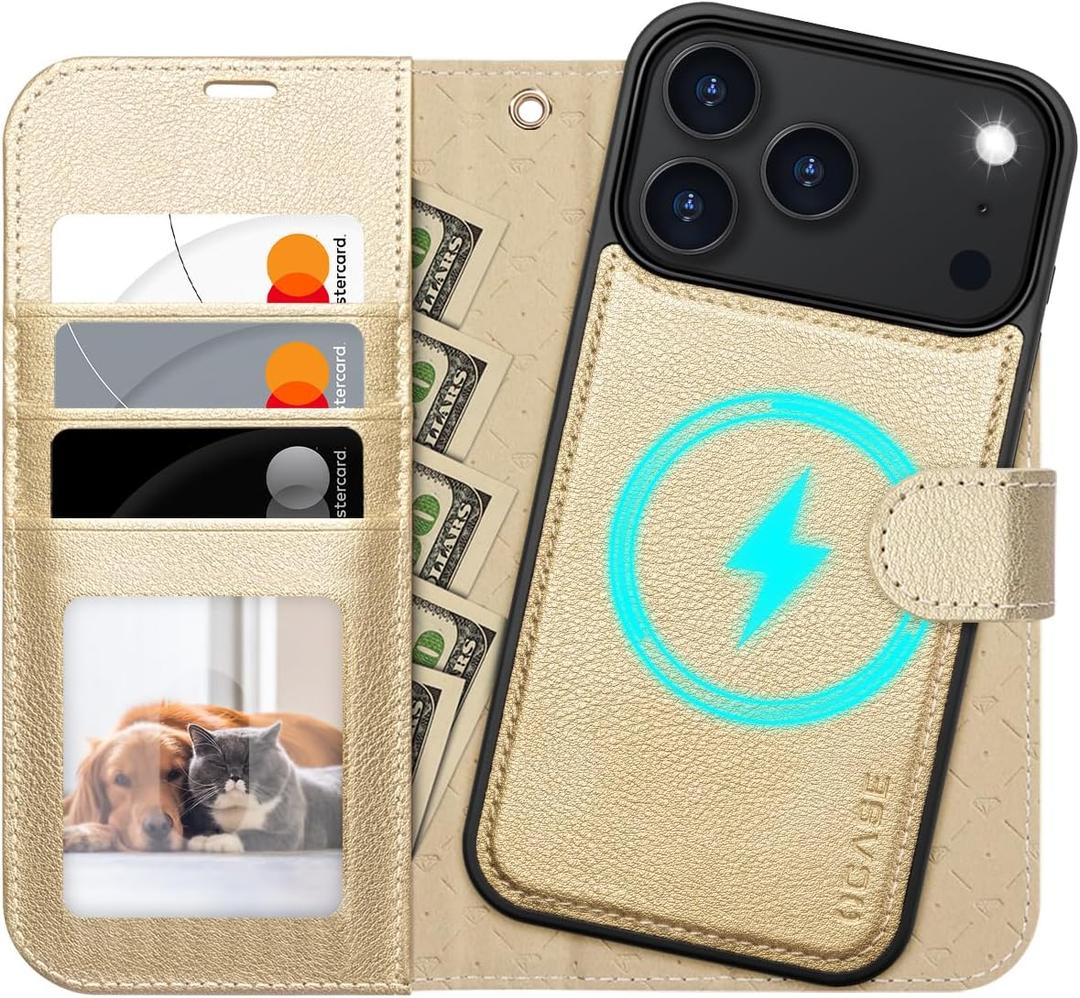 OCASE for iPhone 17 Pro Detachable Wallet Case with Card Holder, 2 in 1 PU Leather Flip Folio with RFID Blocking Stand Wrist Strap Shockproof Phone Cover 6.3 Inch 2025, Gold