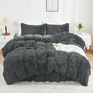 annadaif Plush Grey Duvet Cover Queen, Fluffy Soft Faux Fur Velvet Comforter Cover, Luxury Fuzzy Shaggy Bedding Sets 3 Pieces(1 Duvet Cover,2 Pillowcases), Zipper Closure (Dark Grey)