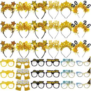 Yunsailing 36 Pcs New Years Eve Party Supplies 2026 Happy New Years Glasses and 2026 Black and Gold Headbands Tiara for Happy NewYear Eve Decorations Party Favors Gift