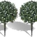 24" Artificial Boxwood Topiary Ball Bush with White Flowers, Set of 2 Artificial Shrub Bushes with Spike, Fake Evergreen Tree for Porch, Artificial Plants for Outdoor Planters Indoor UV Resistant