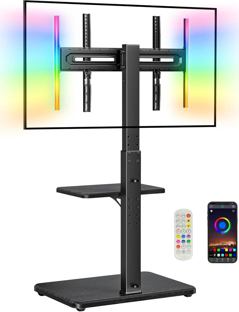 Perlegear Floor TV Stand with LED Light for 32-75" TVs, Tall TV Stand with Swivel and Tilt, 12 Height Levels TV Mount Stand, Solid Wood Base up to 110 lbs for Living Room, Max VESA 600x400mm, PGFS21B (Black)