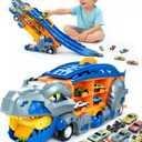 13 in 1 Dinosaur Toys for Kids 3-6, Carrier Truck Race Track Toddlers Toys, Foldable Track Playset,Dinosaur Truck with 12 Die-Cast Racing Car Toys, Xmas Gifts for Boys Girls (Blue)