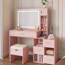 Vanity Desk with LED Lighted Mirror, Sliding Side Cabinet with Expandable Storage, Makeup Table with Drawers & Shelves, Built-in Power Outlet, Vanity Set with Storage Stool for Bedroom (Pink)
