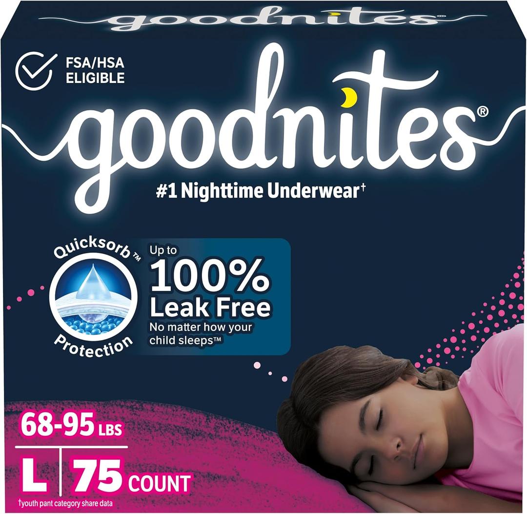 Goodnites Girls' Nighttime Bedwetting Underwear, Size Large (68-95 lbs), 75 Ct (3 Packs of 25)