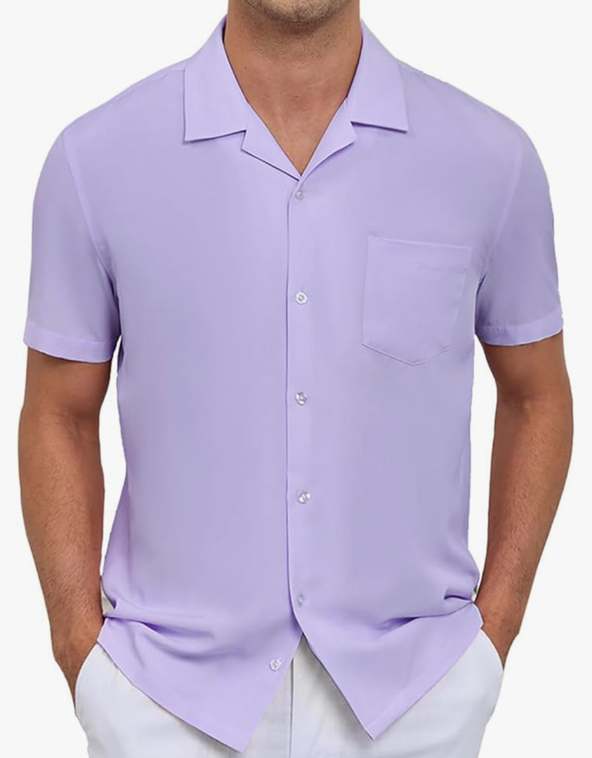 Demofair Men's Short Sleeve Button Down Shirt Cuban Collar Anti-Wrinkle Shirt Casual Summer Beach Shirt, M