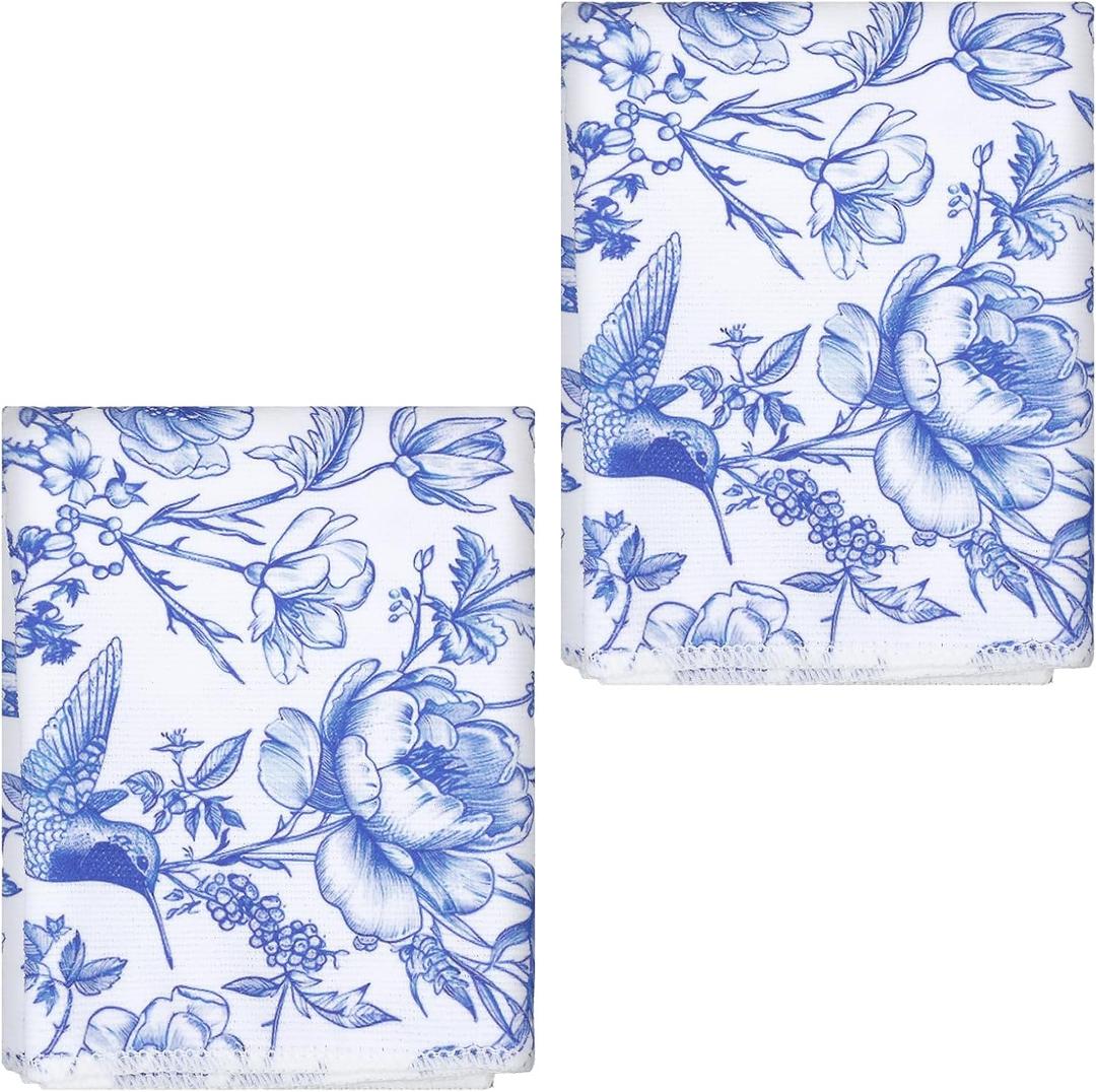 2 Pcs Chinoiserie Floral Bid Kitchen Towels, Blue White Flowers Bird Decorative Dish Towels, Absorbent Microfiber, 18 x 28 Inch, Farmhouse Style