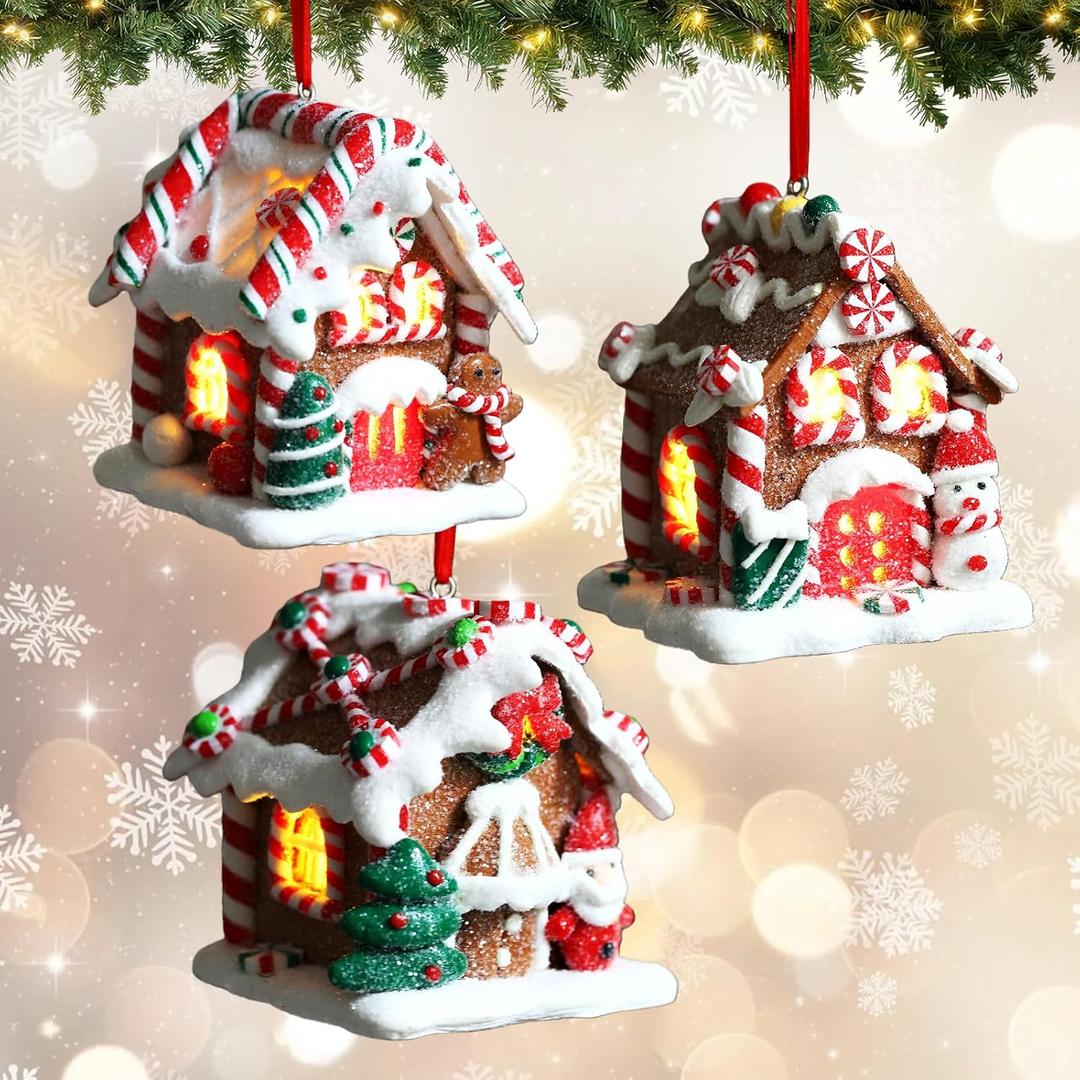 3Pcs Christmas Gingerbread House Hanging Ornaments for Xmas Tree,3D Light-Up Handmade Clay Gingerbread Candy House with Santa Claus Snowman for Christmas Eve New Year Winter Holiday Party Decorations