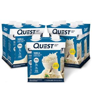 Quest Nutrition Vanilla Protein Shake, 30g Protein, 12 Count | 3g Net Carbs, 1g Sugar, Creamy Vanilla Flavored Shake, Gluten Free, Ready to Drink, 11 fl oz, 3 Packs of 4 Count Cartons BEST BY:
09/23/26