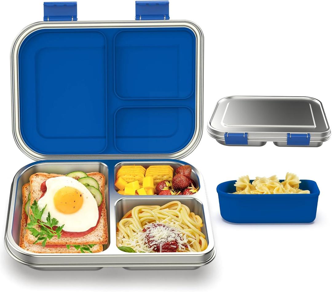 Stainless Steel Bento Box Kids, 3 Compartments Leak Proof Metal Bento Lunch Box, 304 Stainless Steel Bento Lunch Containers for School and Office, Dishwasher Safe, BPA-Free-Blue