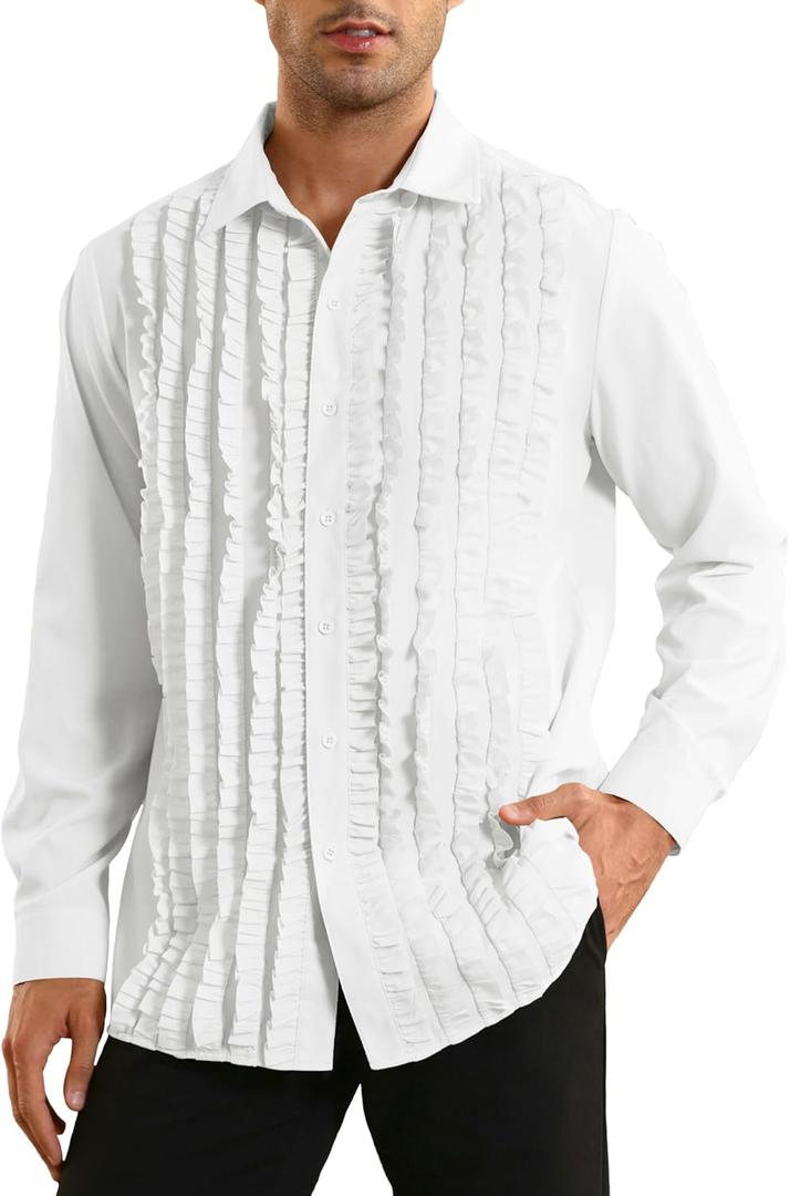 Bbalizko Mens Ruffle Tuxedo Shirt 80s Prom Ruffled Button Down Frill Pleated Ruche Long Sleeve Shirts Top (White, L)