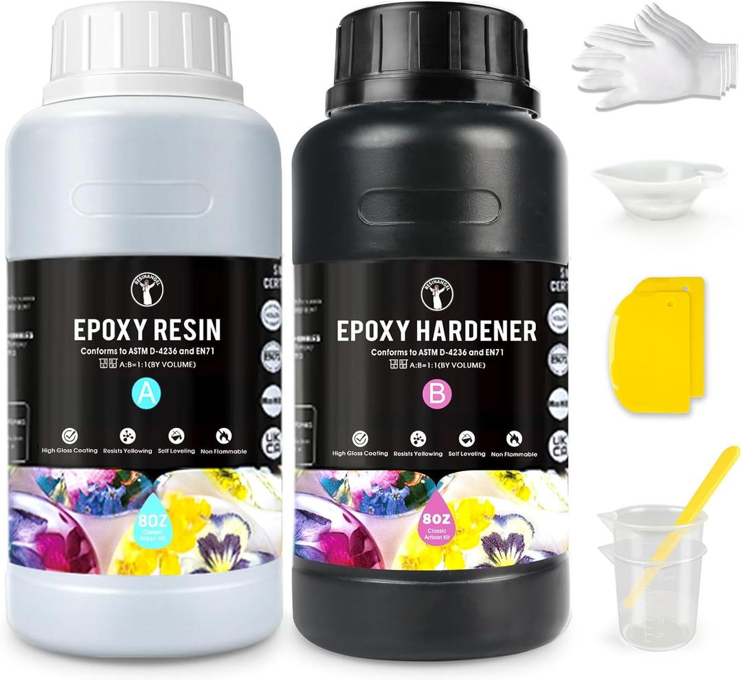ResinAngel 16oz Epoxy Resin Kit - Easy Mix 1:1 Ratio Crystal Clear Self Leveling No Yellowing Casting Resin for Art Crafts, Jewelry Making, Resin Molds