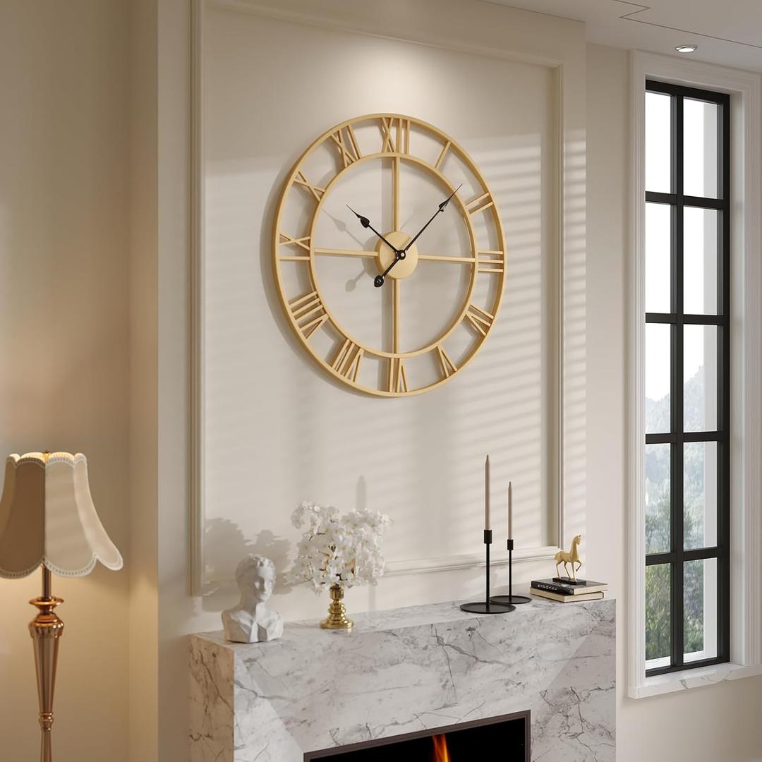 Cuspin 24 Inch Large Wall Clock, Gold Clocks for Living Room Decor, Silent Non Ticking Battery-Operated Metal Round Wall Clock Decorative Modern Design Home Decor - Roman Number
