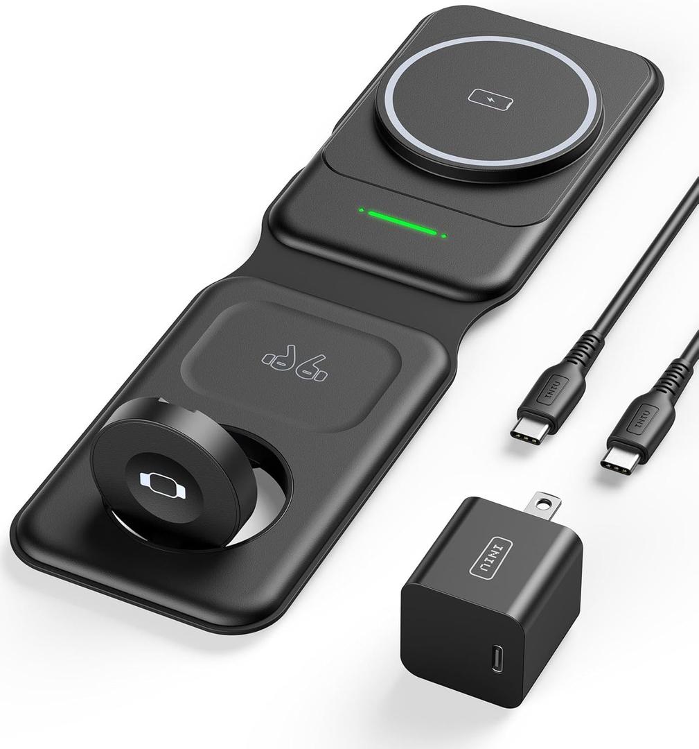 INIU 3 in 1 Charging Station Multiple Devices for Apple, 15W Magnetic Foldable Travel Wireless Charger for iPhone 16 pro max 15 14 13 12 Series, iWatch 10 9 8 SE/Ultra Series, AirPods 4 3 2 pro (Black)