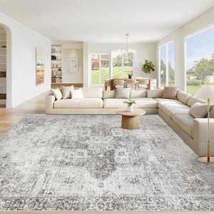 Area Rug 9x12 Washable Rug, Vintage Boho Medallion Rugs Non-Slip Soft Low Pile Large Distressed Rug Indoor Retro Carpet for Living Room Bedroom Dining Room Home Office (Grey, 9'x12')