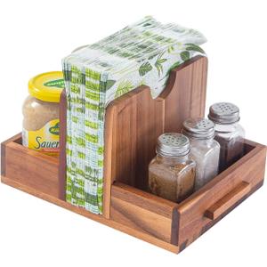 Napkin Holder for Table, Wooden Napkin Holder with Salt and Pepper Shakers Caddy, Rustic Napkin Holders for Kitchen Dining Room Table Decor, Standing Wood Napkin Dispenser for Indoor & Outdoor Use
