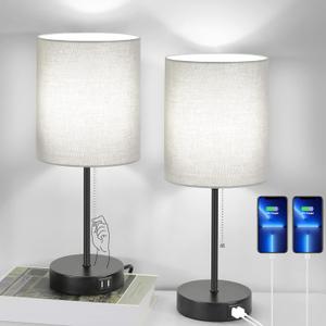 17.3 Table Lamps Set of 2 with 2 USB & AC Outlet, Bedside Nightstand Lamps for Bedroom Living Room Kids Room, Desk Lamp with Pull Chain Switch & Fabric Shade for Office Reading Nursery, Grey