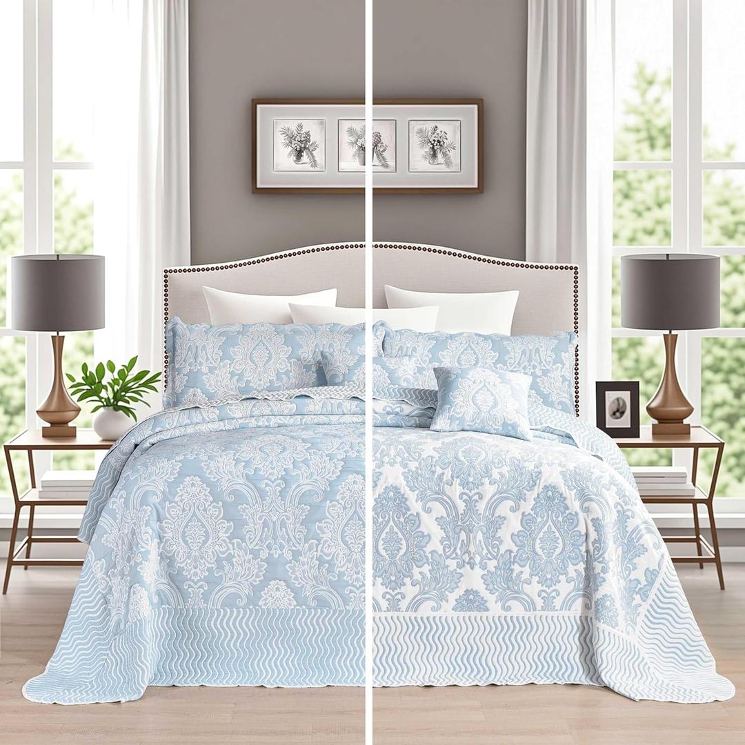 chiinvent Oversized King Bedspreads 120x120 Extra Wide Coverlet Sets, 5 Piece Double-Sided Damask Jacquard Large Quilts, Lightweight and Reversible, King/Cal King, Light Blue (King/Cal King(120"x120"), Light Blue)