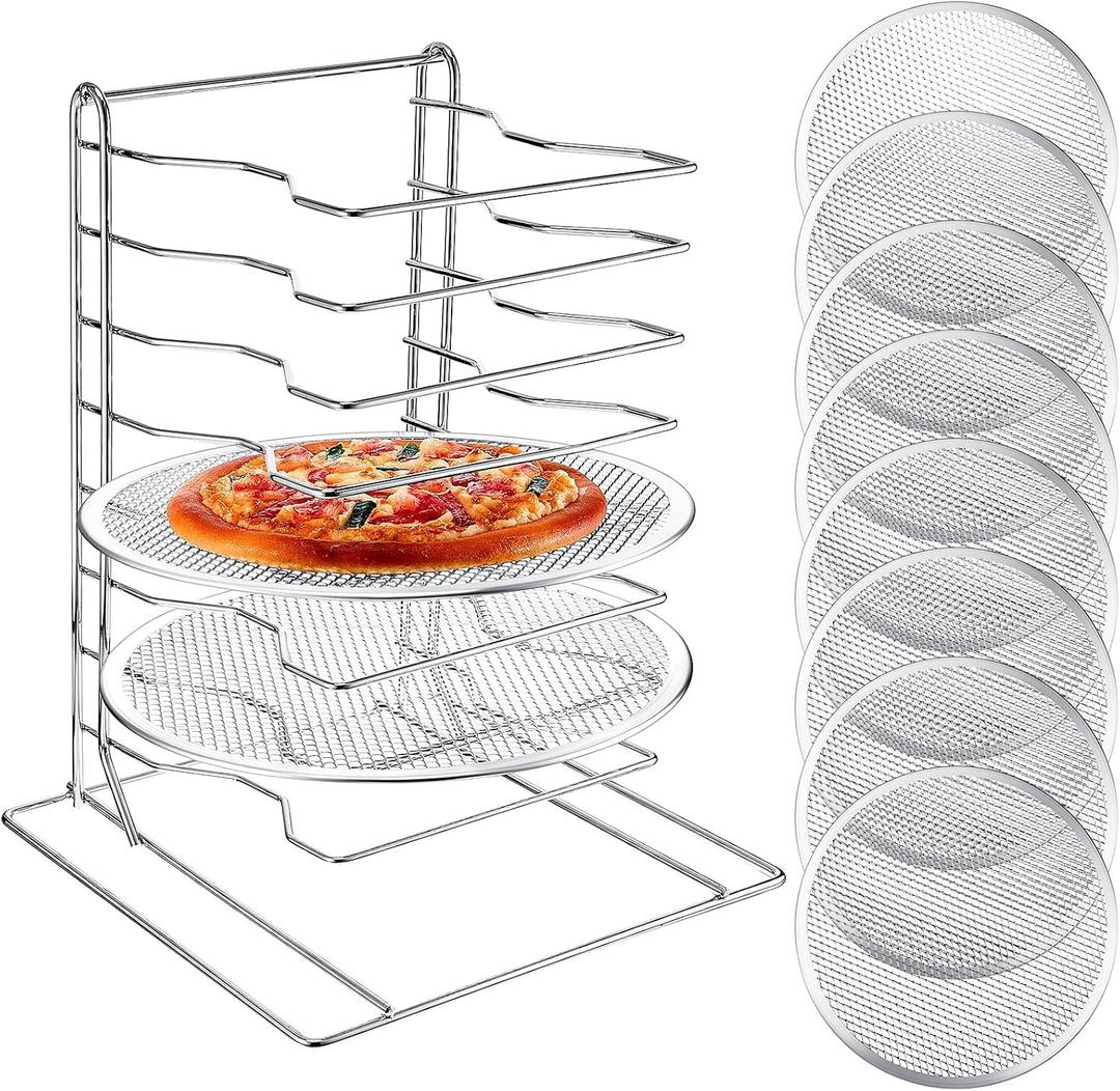 Zhehao Pizza Rack 8 Tiered Stand 16.7'' H x 12'' L x 12'' W and 8 Pcs Pans with Holes, Aluminum Baking Set for Easy Storage and Baking Multiple Pizzas