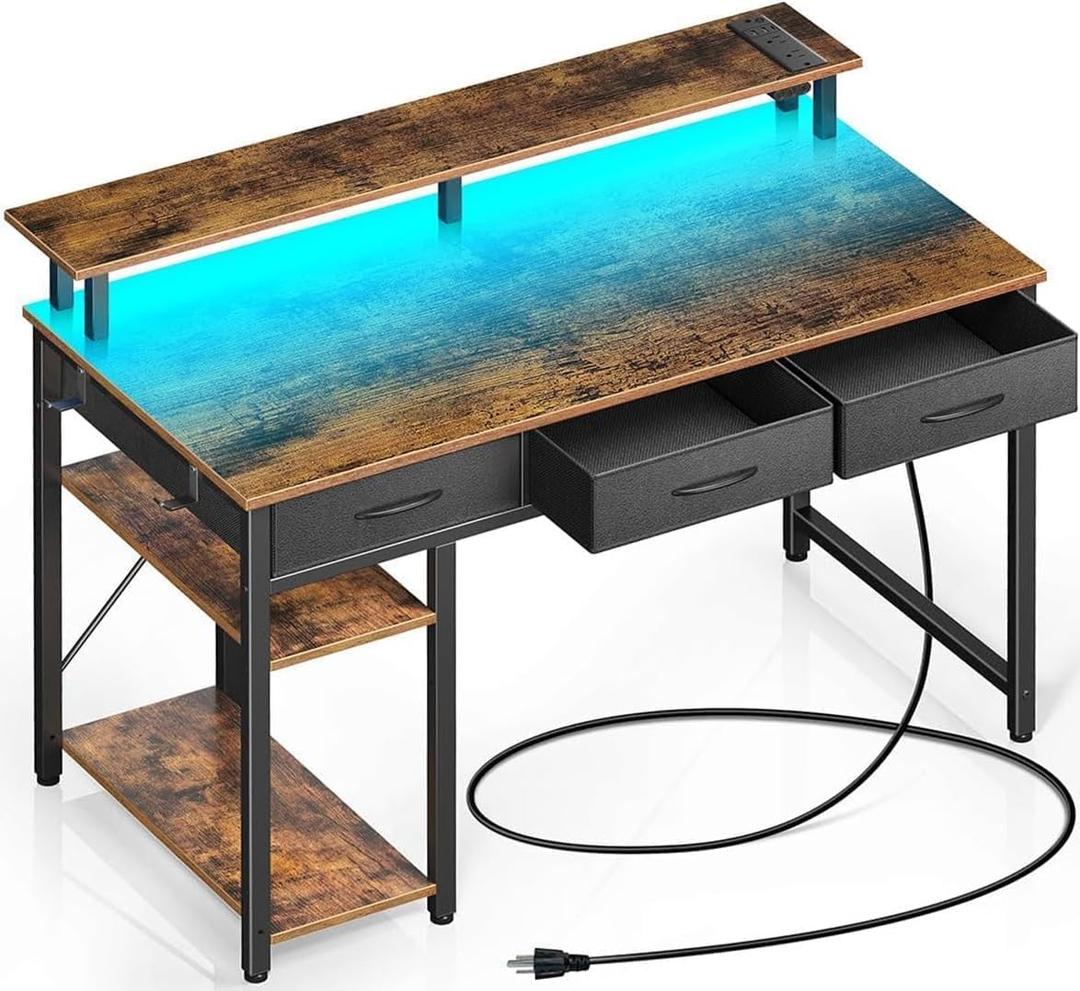 Rolanstar Computer Desk with Power Outlets & LED Light, 39 inch Home Office Desk with 3 Drawers and Storage Shelves, Writing Desk with Monitor Stand, Work Desk for Home Office,Rustic Brown