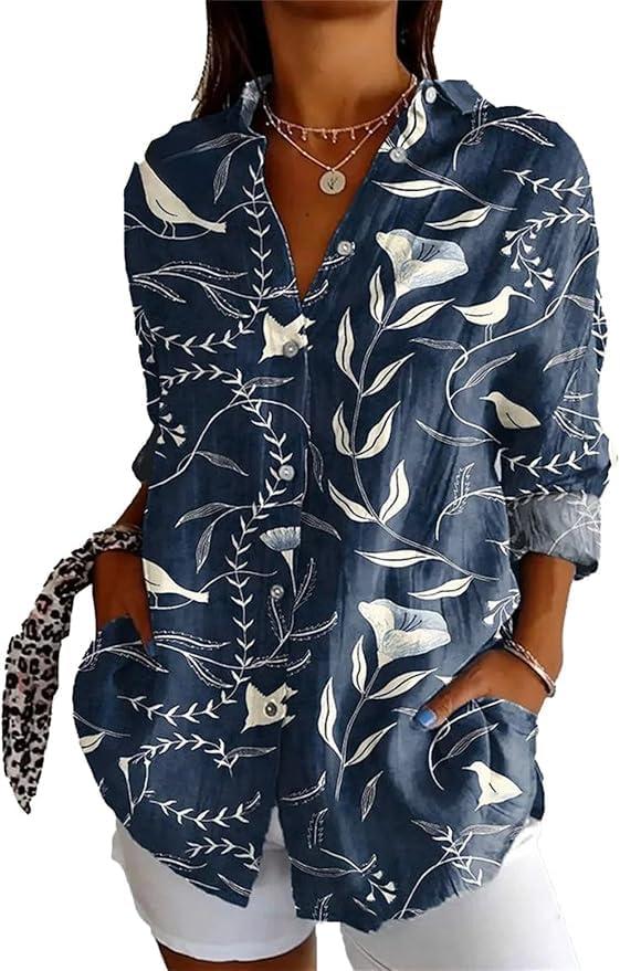 Womens Tops Long Sleeve Button Down Shirt with Floral Print, Hawaiian Blouse for Office, Beach, Vacation (XXL)