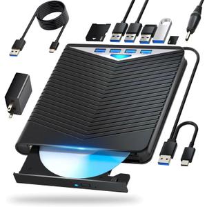 External Blu-ray Drive, Compatible with BD/DVD/CD Player/Read/Write USB 3.0 &/Type-C Windows 7-11 & Mac PC-Compatible with TF/SD/USB