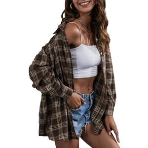 Zontroldy Plaid Flannel Shirts for Women Oversized Long Sleeve Button Down Buffalo Plaid Shirt Blouse Tops (Large, Coffee)