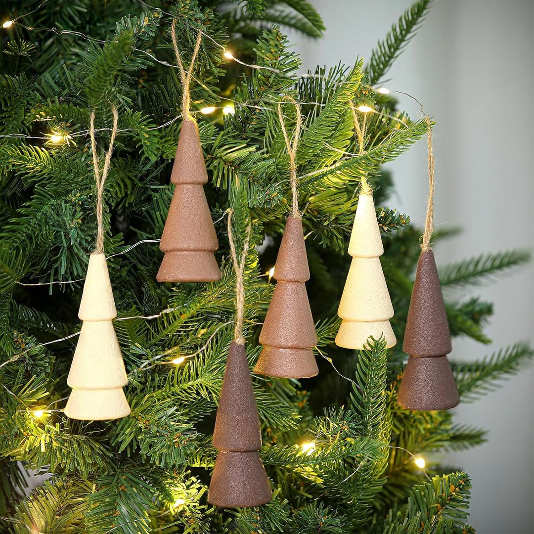 12 Pcs Neutral Foam Christmas Trees Mini Wood-Like Christmas Trees Simplistic & Vintage Tree Shaped Hanging Ornament for Rustic Farmhouse Style Xmas Holiday Decoration
