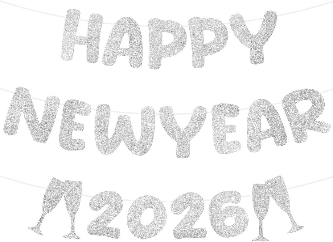 Yeaqee Happy New Year Banner 2026 Glitter Pre-strung Banner 10 Feet for New Year Sign Party Decoration, 2026 Party Supplies(Silver)